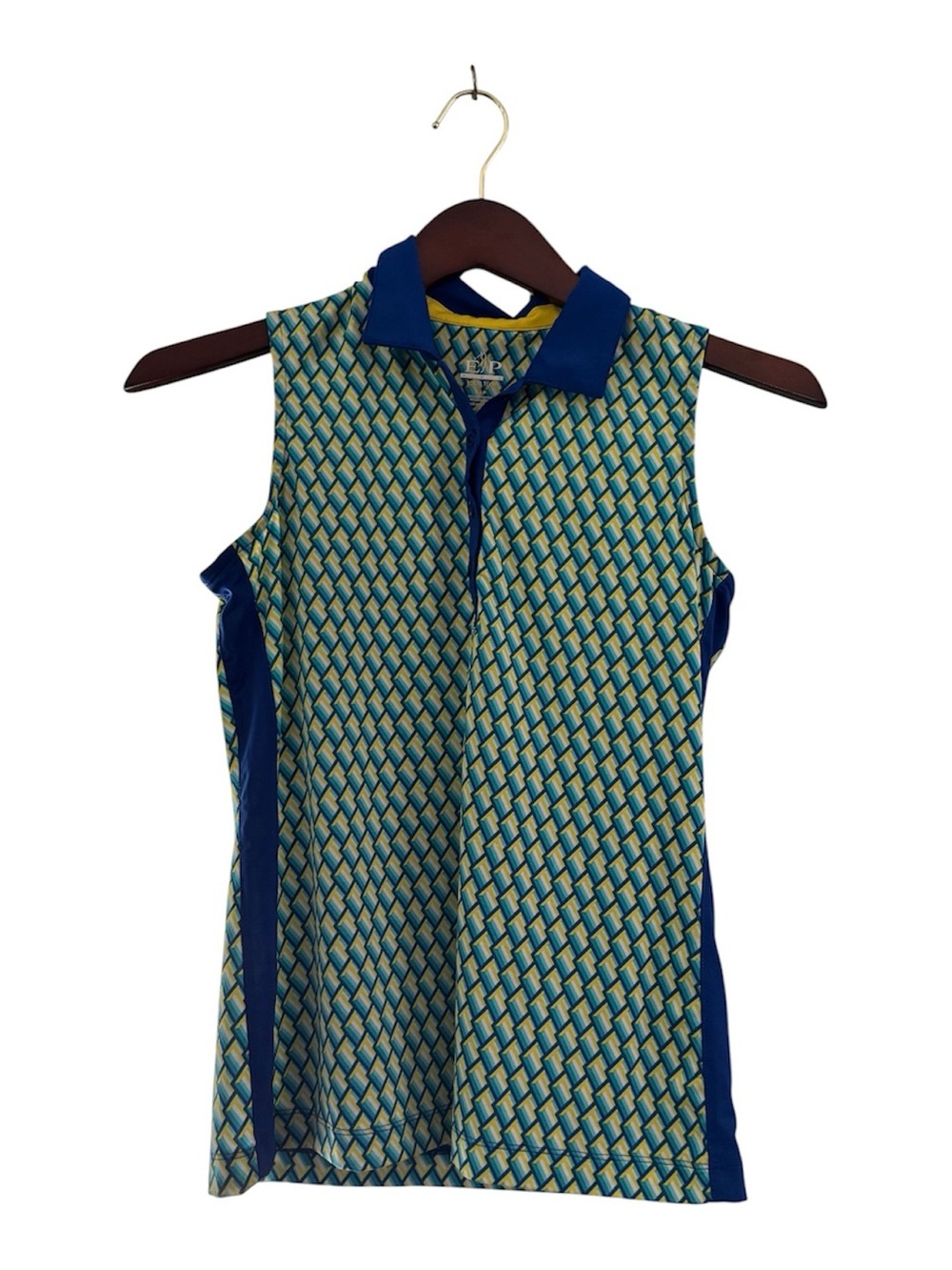 EP Pro Tour Tech Sleeveless Golf Polo Top Blue Yellow Geometric - Size S